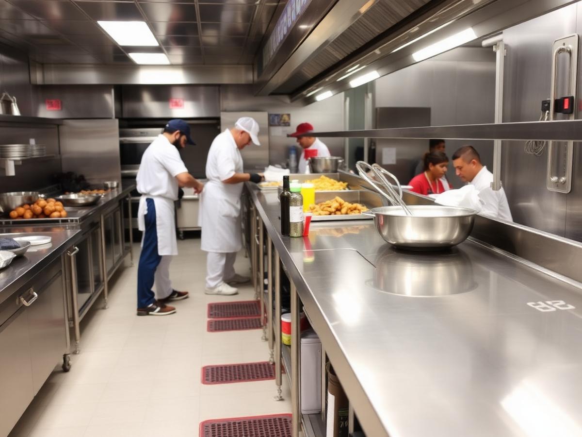 Commercial kitchen line with stainless equipment and floor drains