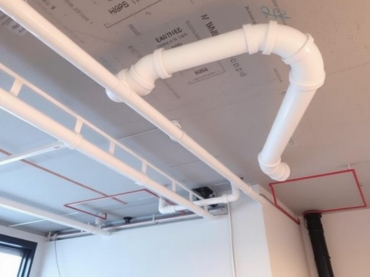 Overhead drain and vent. PVC waste and vent hung tight to structure in a commercial space.