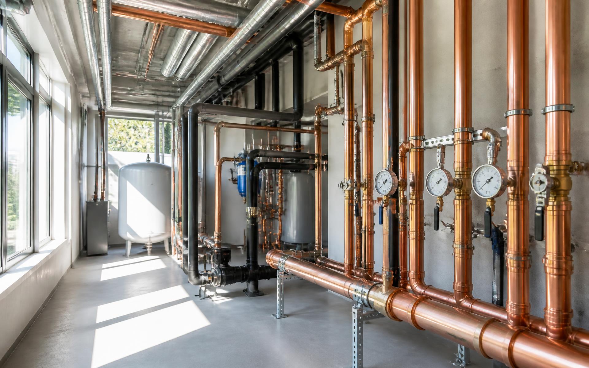 Copper and steel piping in a commercial mechanical room plumbed by New Era Plumbing in New Jersey