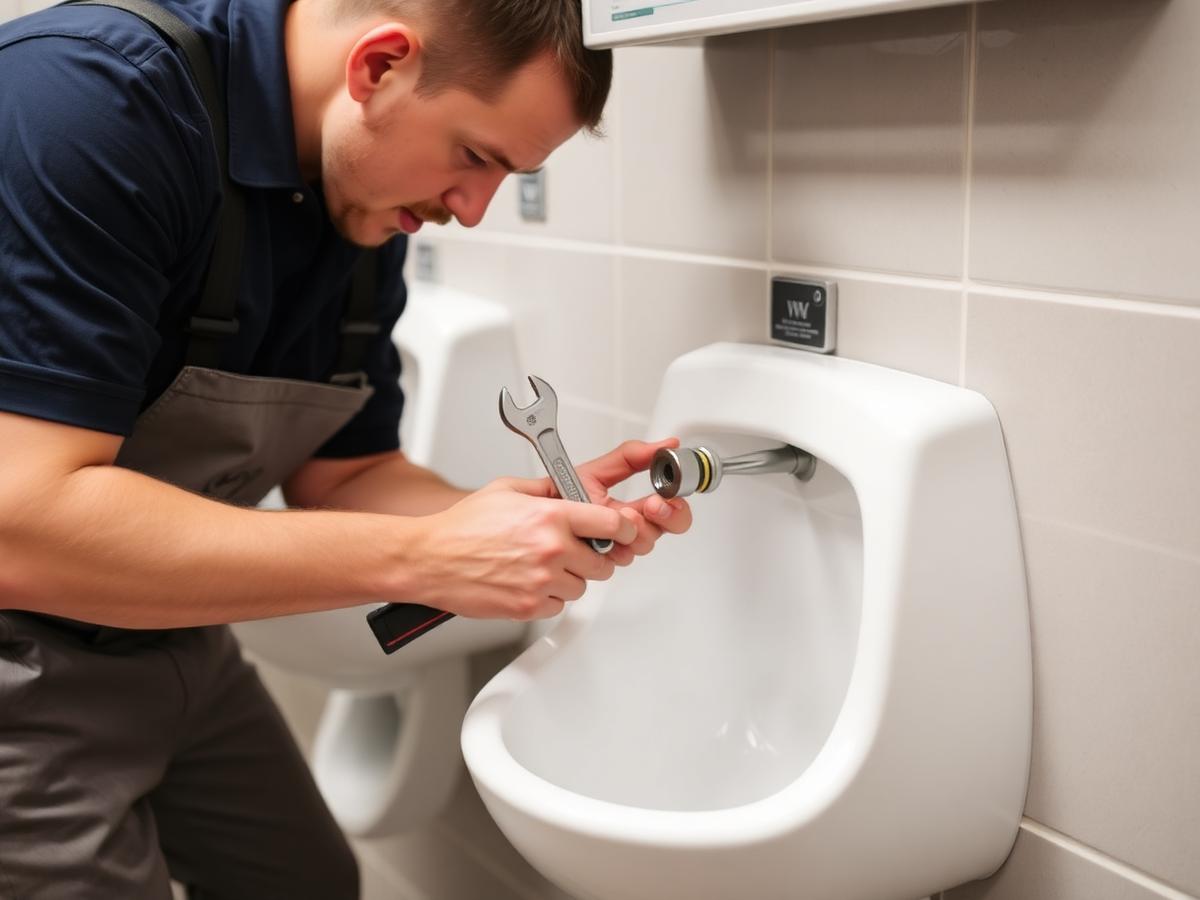 Restroom flush valve service in a commercial building