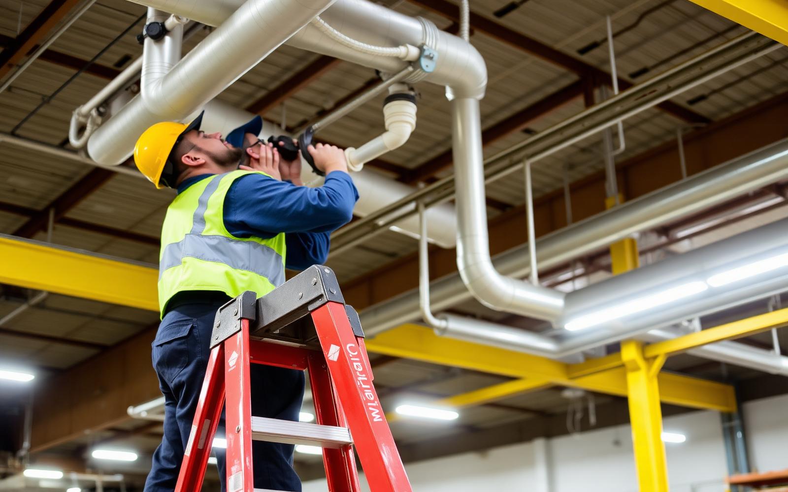 Plumber servicing overhead piping during a facility maintenance visit