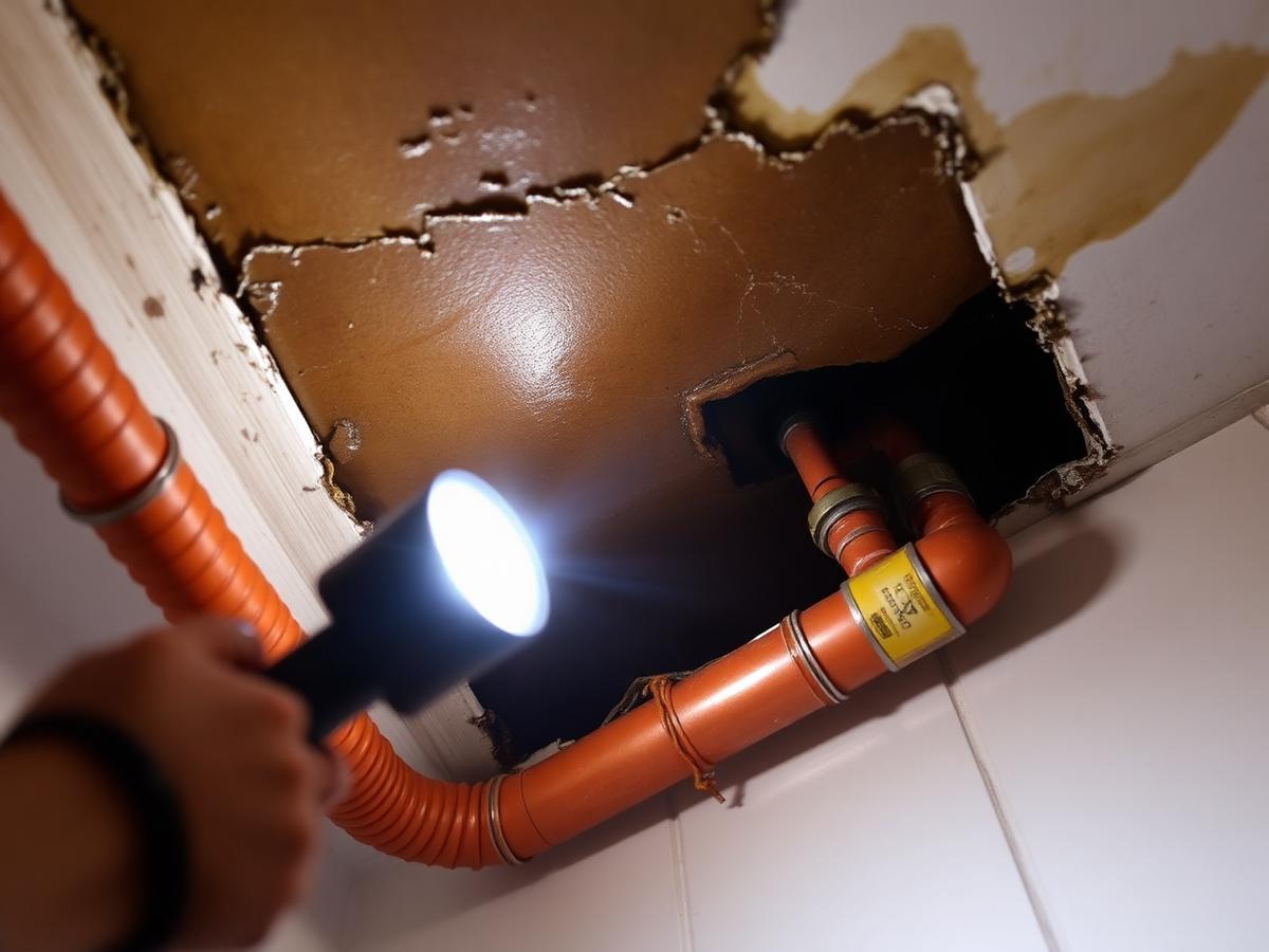 Water stained ceiling opened to expose a leaking pipe
