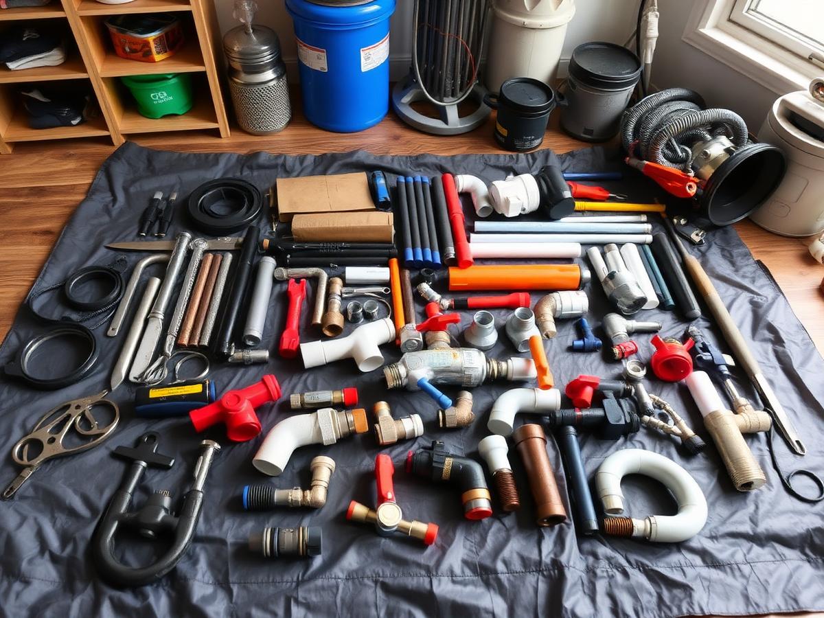 Plumbing tools and fittings laid out on a drop cloth