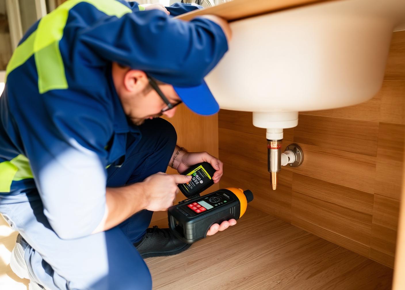 Plumber using leak detection equipment under a kitchen sink in a New Jersey home