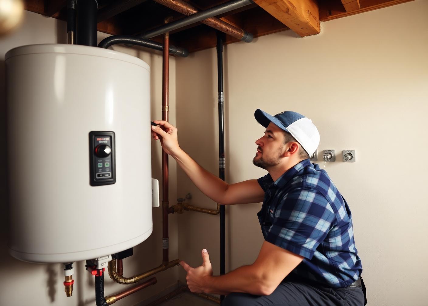 Plumber installing a new residential water heater in an East Rutherford basement